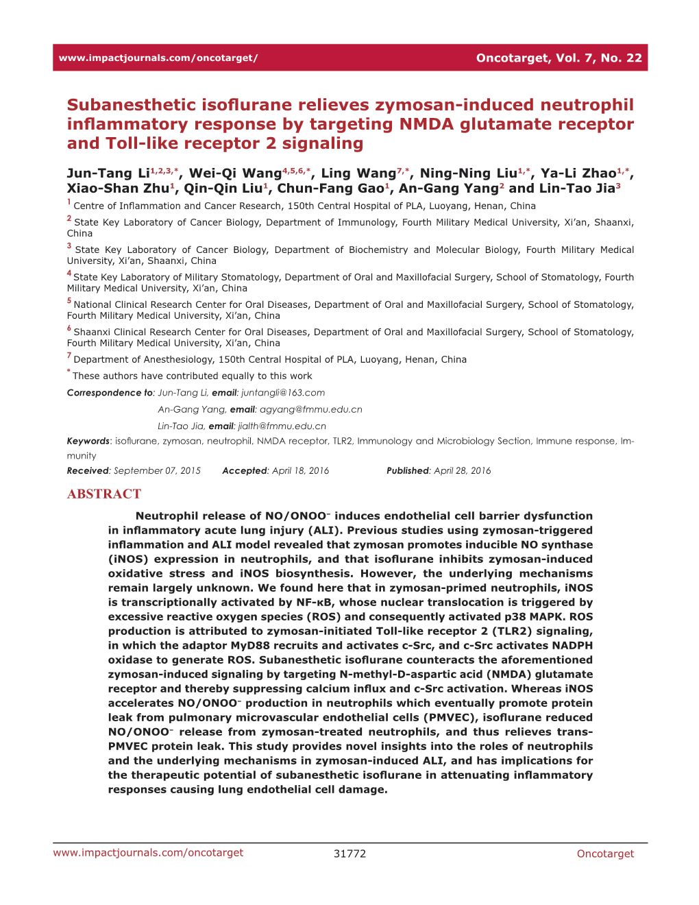 Subanesthetic Isoflurane Relieves Zymosan-Induced Neutrophil Inflammatory Response by Targeting NMDA Glutamate Receptor and Toll-Like Receptor 2 Signaling