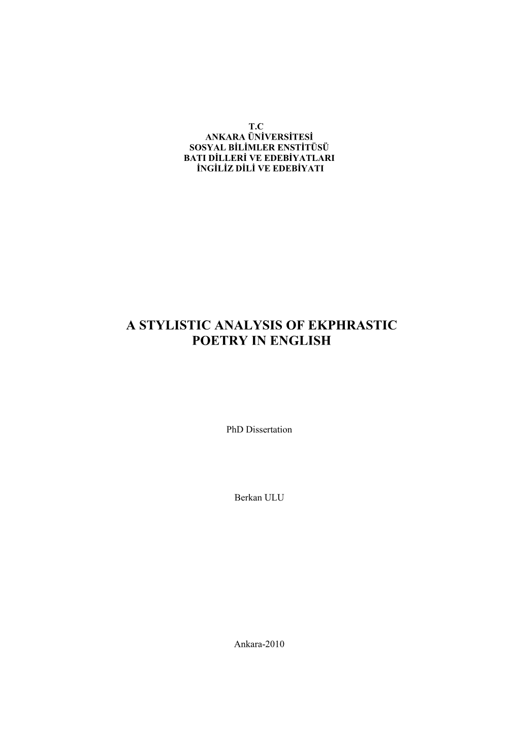 A Stylistic Analysis of Ekphrastic Poetry in English