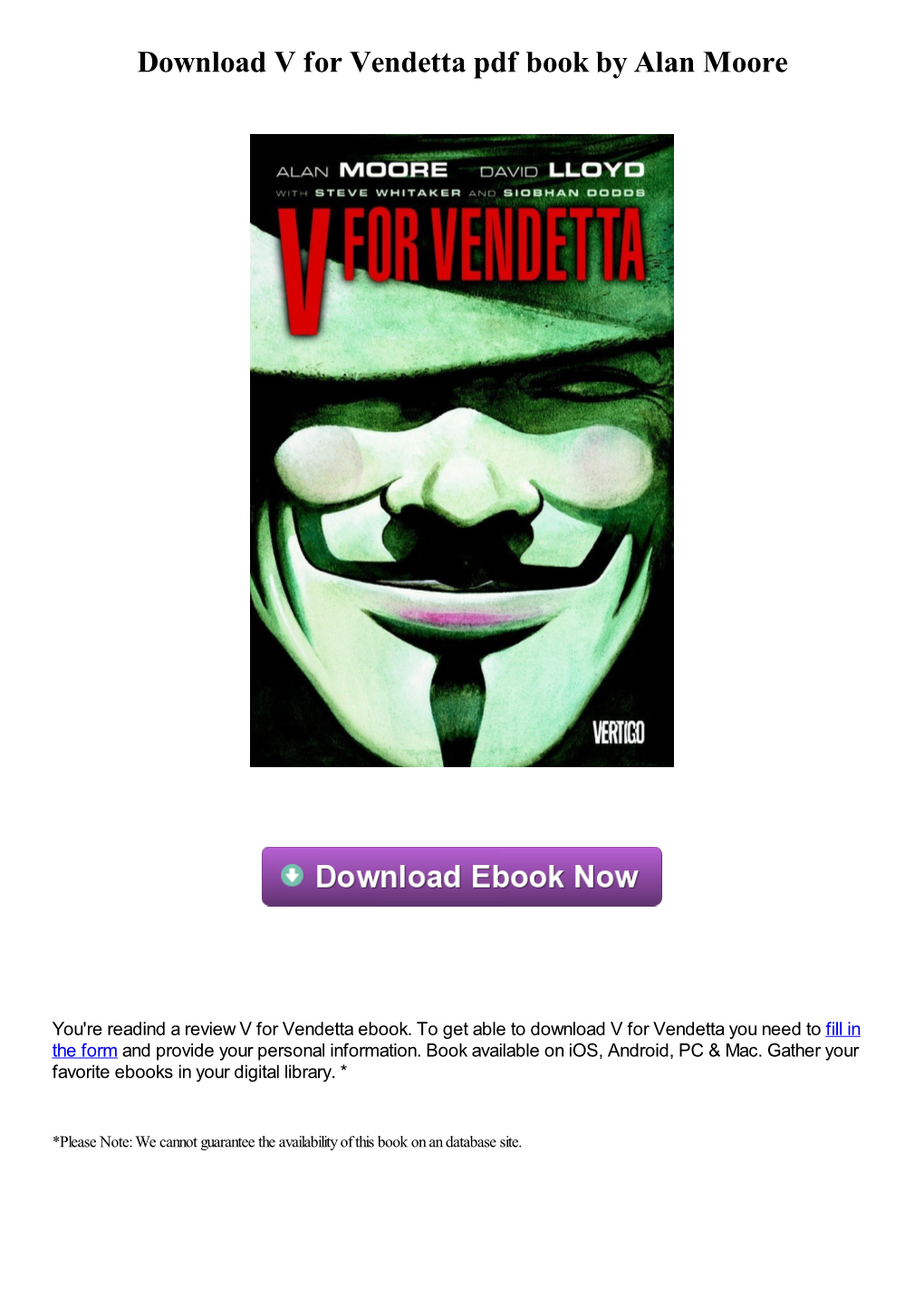 Download V for Vendetta Pdf Book by Alan Moore