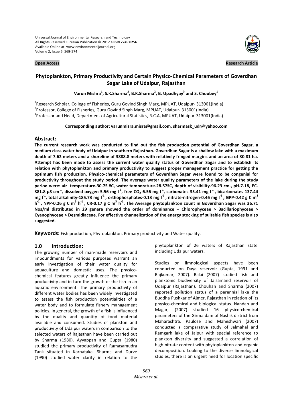 Phytoplankton, Primary Productivity and Certain Physico-Chemical Parameters of Goverdhan Sagar Lake of Udaipur, Rajasthan