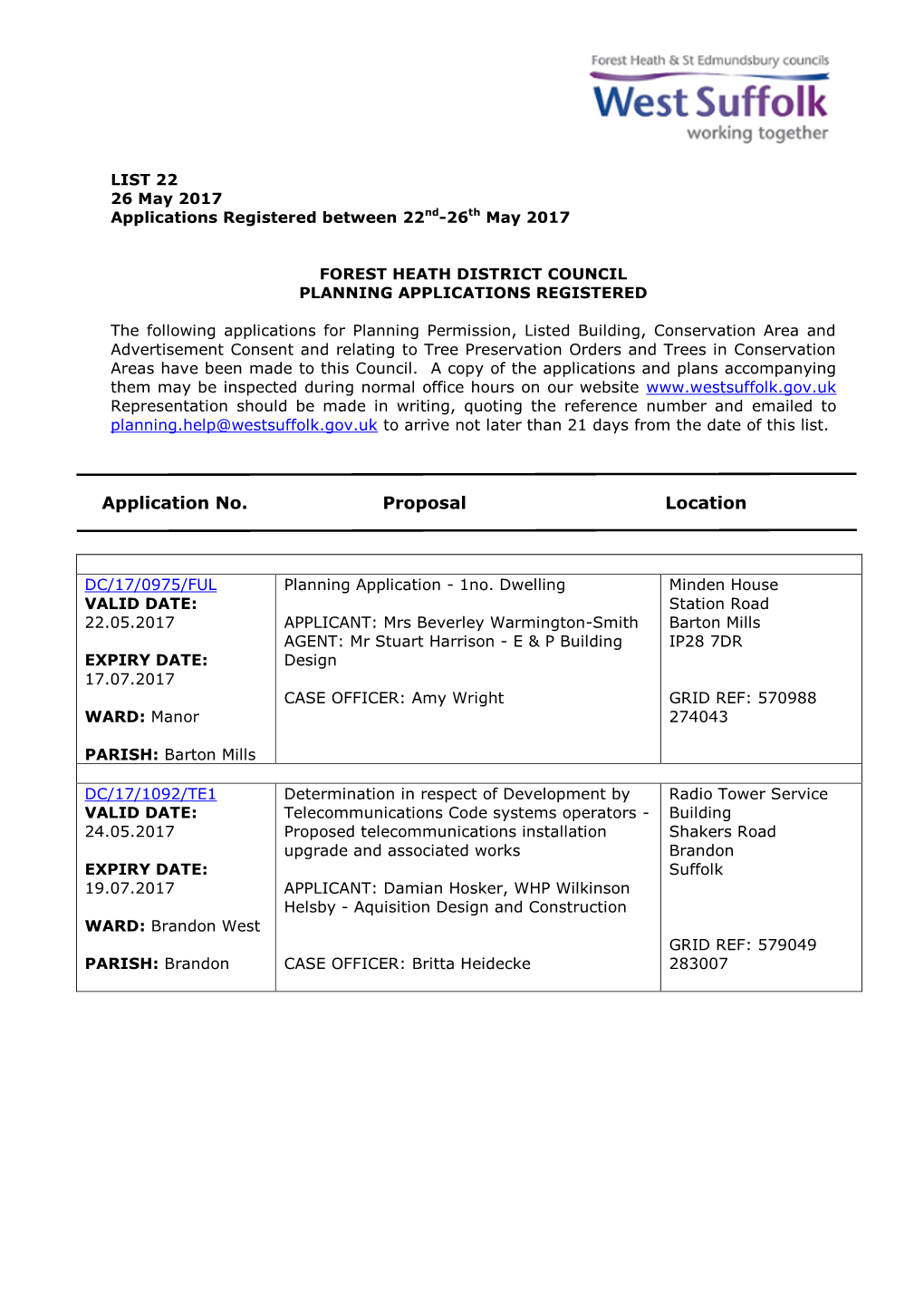 FHDC Planning Applications 22/17