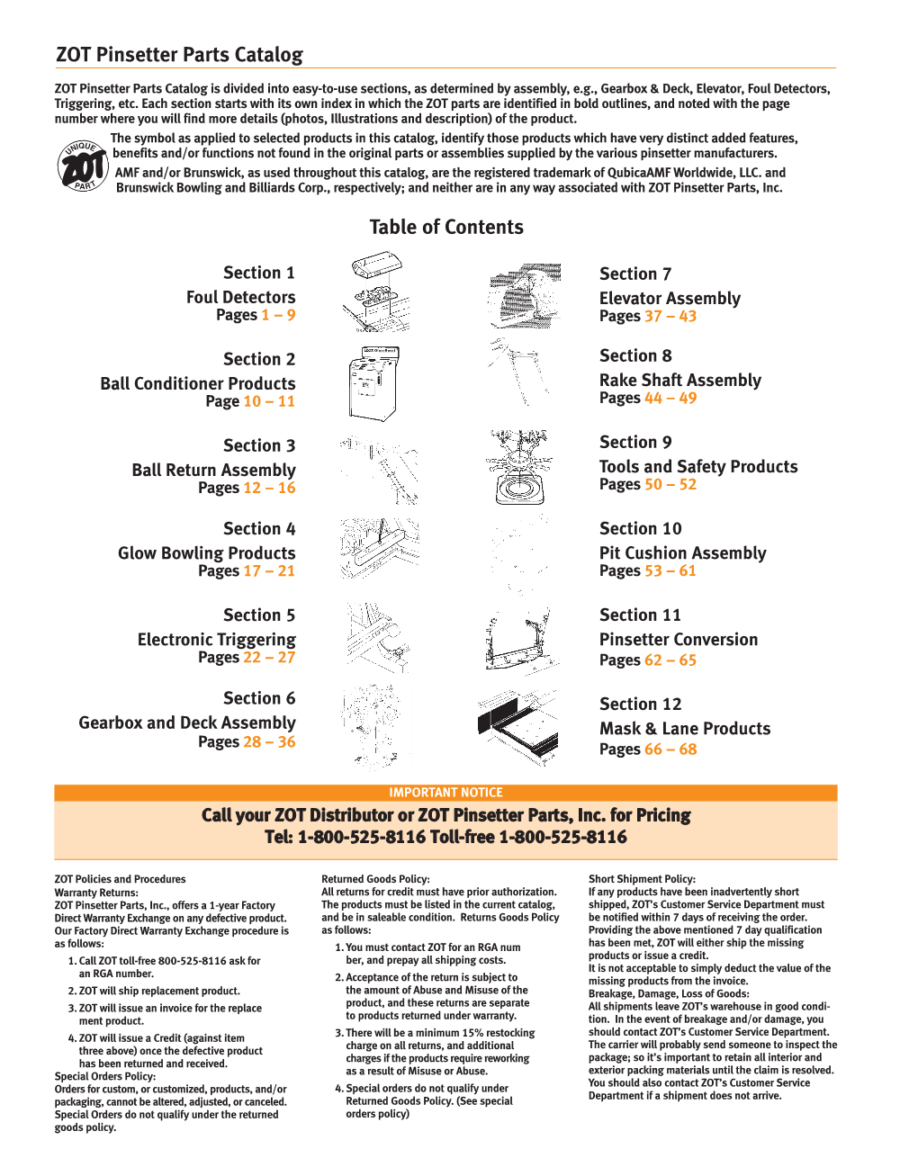 ZOT Pinsetter Parts Catalog Table of Contents