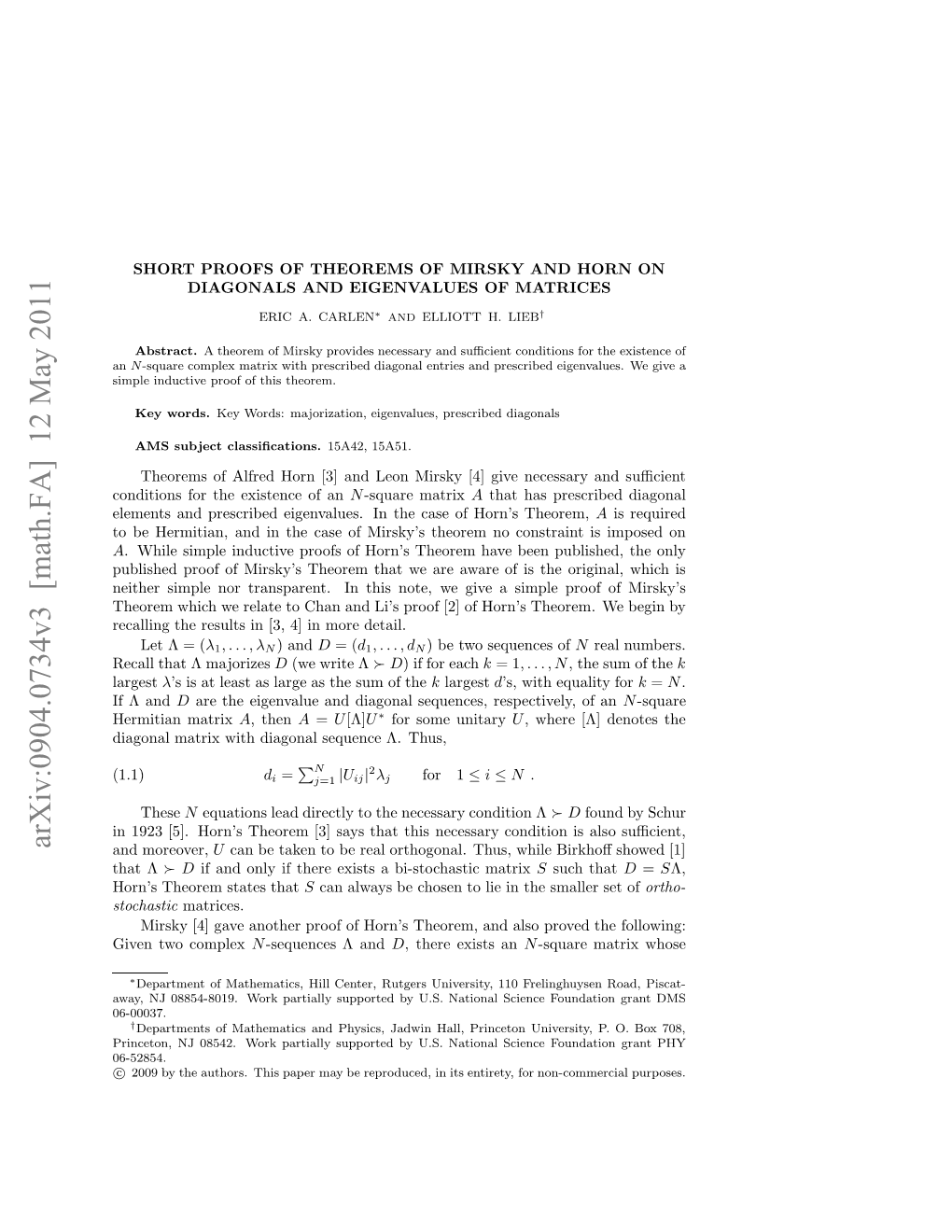 Short Proofs of Theorems of Mirsky and Horn on Diagonals And