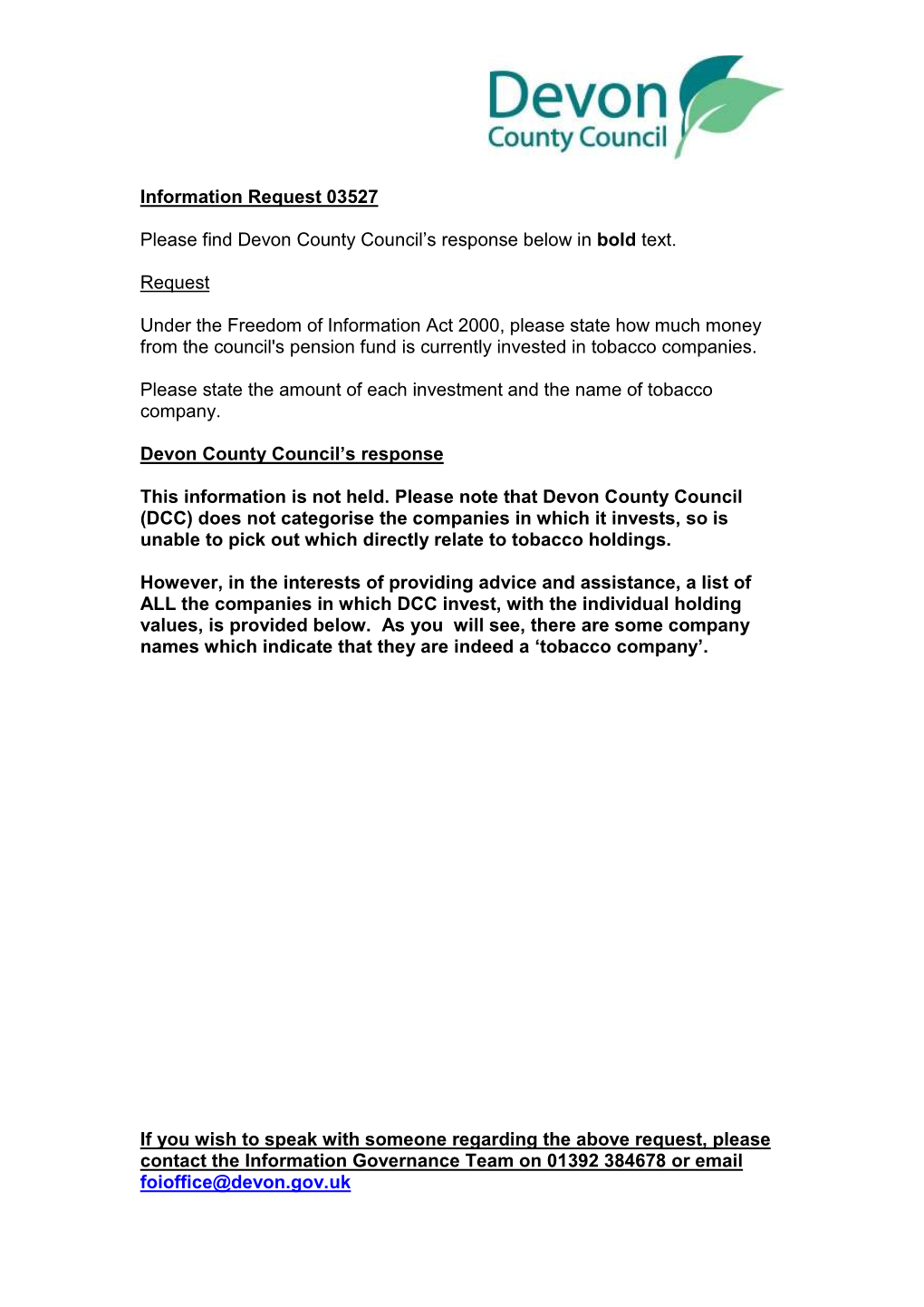 Information Request 03527 Please Find Devon County Council's