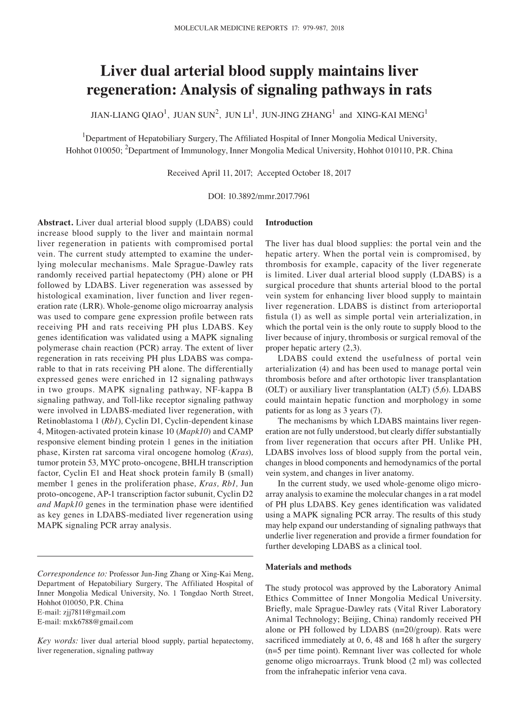 Liver Dual Arterial Blood Supply Maintains Liver Regeneration: Analysis of Signaling Pathways in Rats