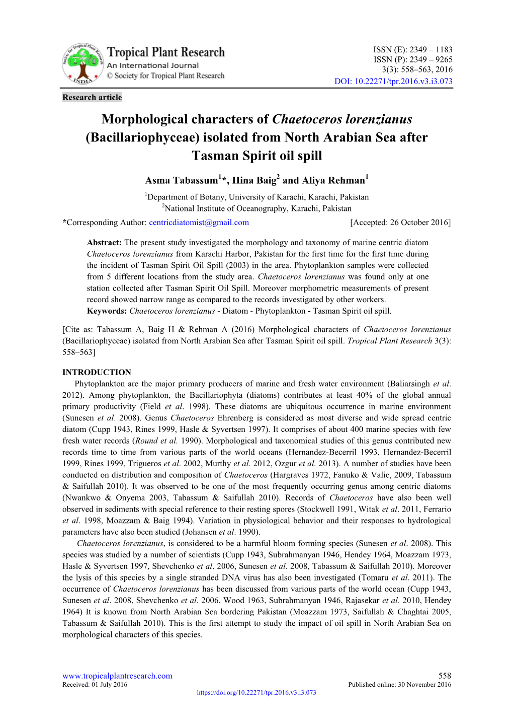 Morphological Characters of Chaetoceros Lorenzianus (Bacillariophyceae) Isolated from North Arabian Sea After Tasman Spirit Oil Spill