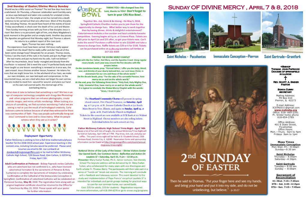 Sunday of DIVINE MERCY , April 7 & 8, 2018