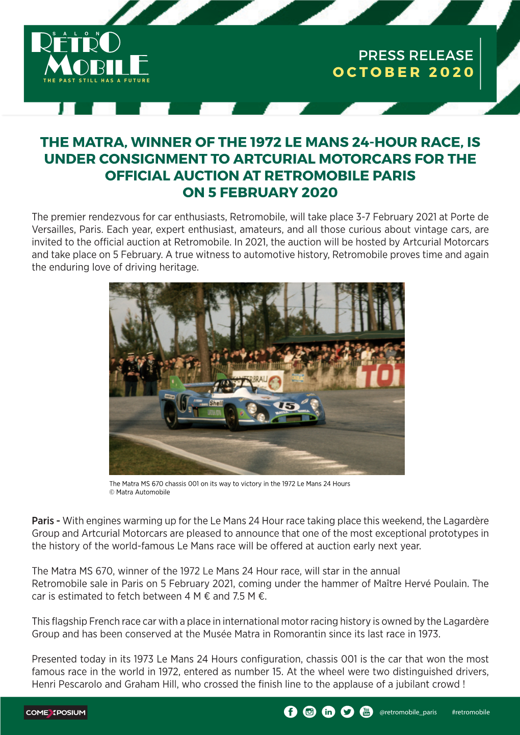 The Matra, Winner of the 1972 Le Mans 24-Hour Race, Is Under Consignment to Artcurial Motorcars for the Official Auction at Retromobile Paris on 5 February 2020