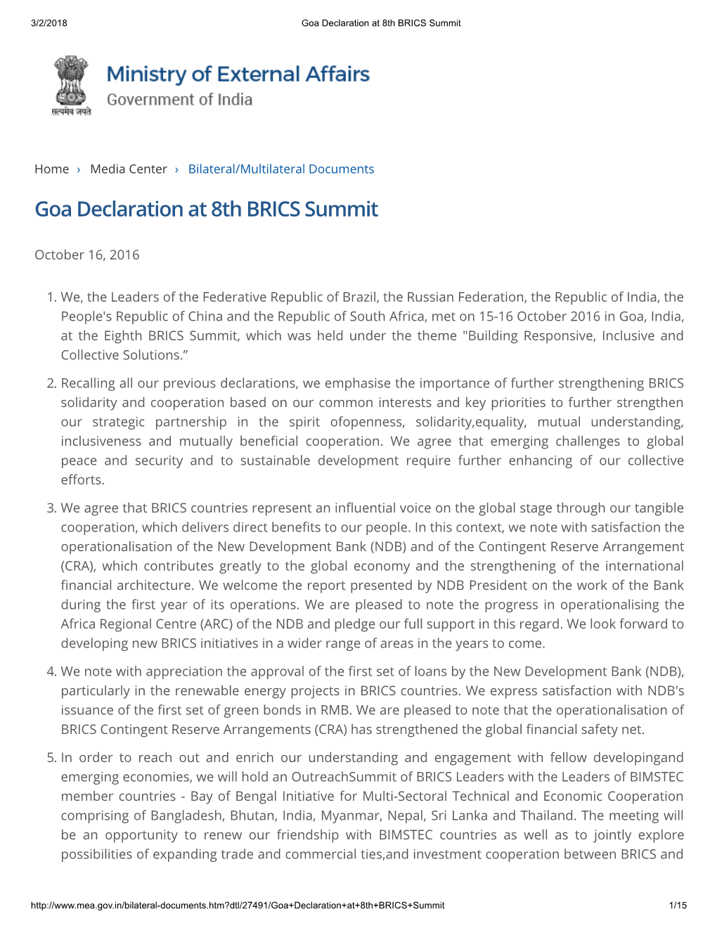 Goa Declaration at 8Th BRICS Summit