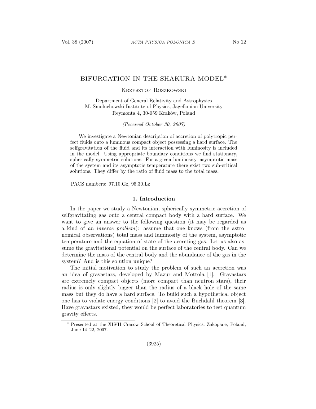 BIFURCATION in the SHAKURA MODEL∗ Krzysztof Roszkowski