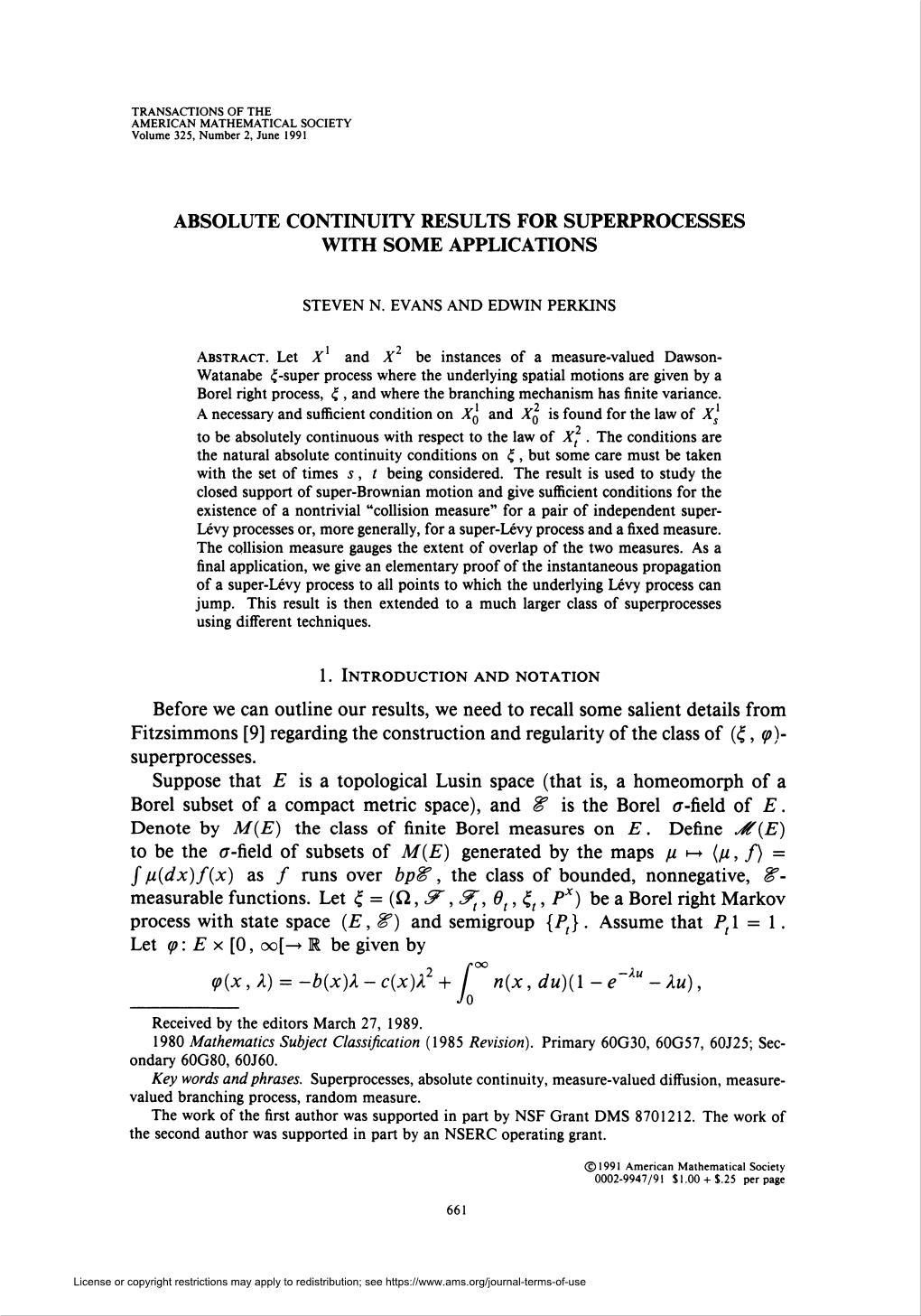 Absolute Continuity Results for Superprocesses with Some Applications