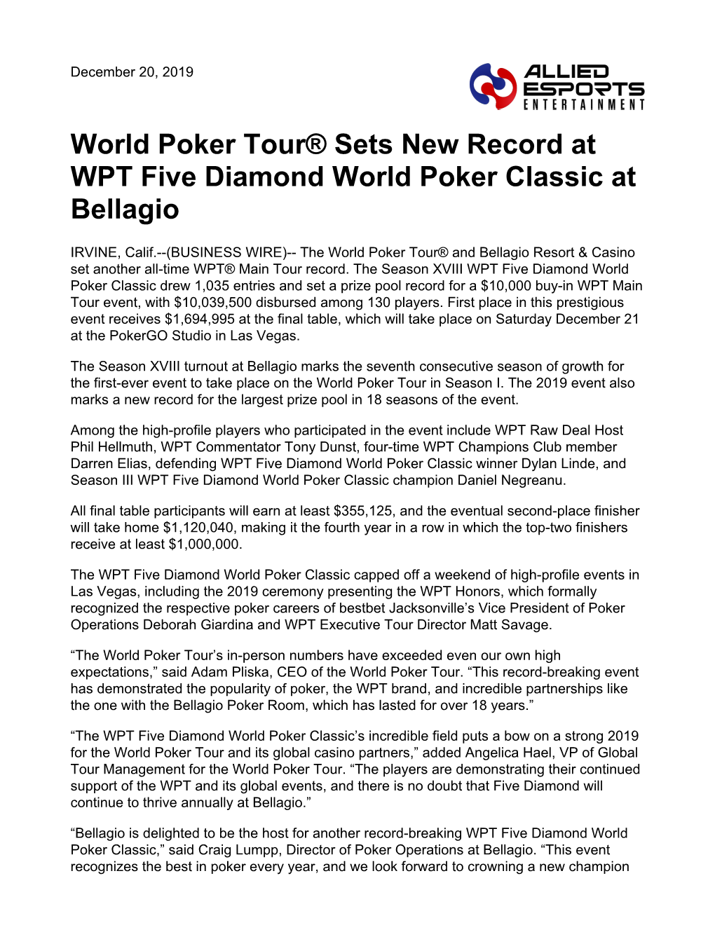 World Poker Tour® Sets New Record at WPT Five Diamond World Poker Classic at Bellagio