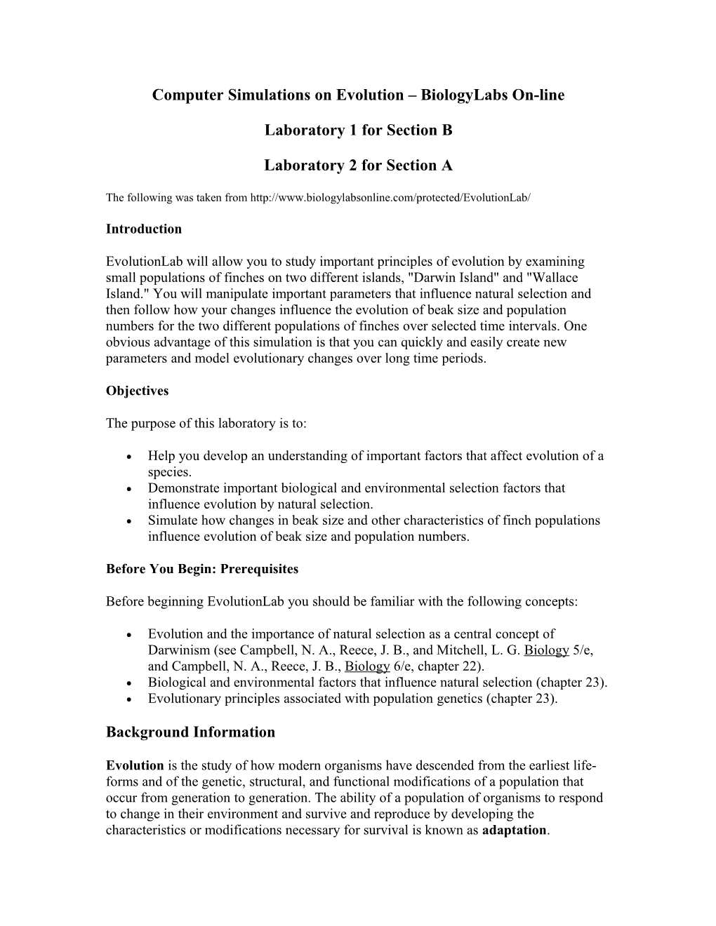 Computer Simulations on Evolution Biologylabs On-Line