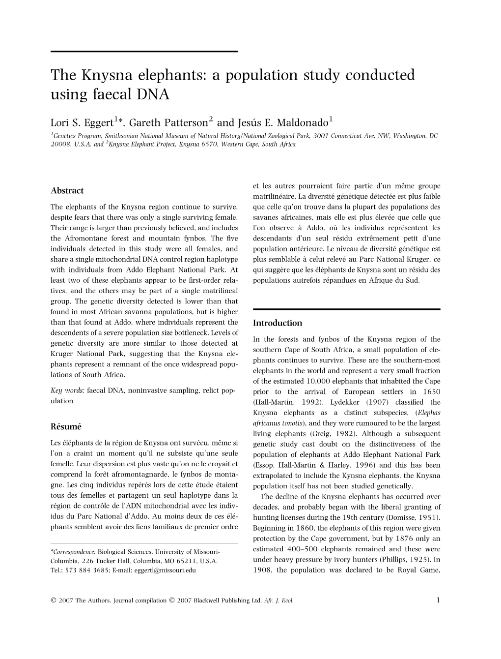 The Knysna Elephants: a Population Study Conducted Using Faecal DNA