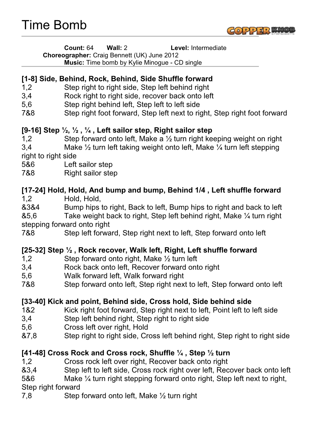 Copperknob - Linedance Stepsheets - Time Bomb