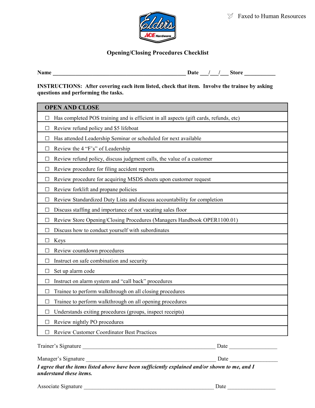 Open/Close Checklist