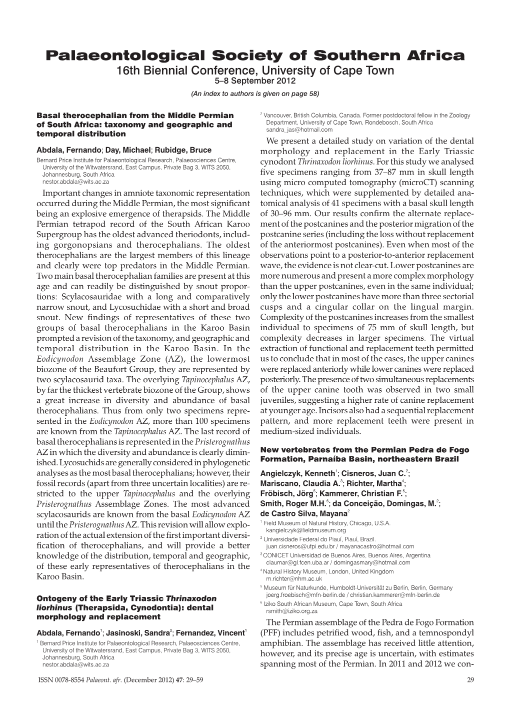 Palaeontological Society of Southern Africa 16Th Biennial Conference, University of Cape Town 5–8 September 2012 (An Index to Authors Is Given on Page 58)