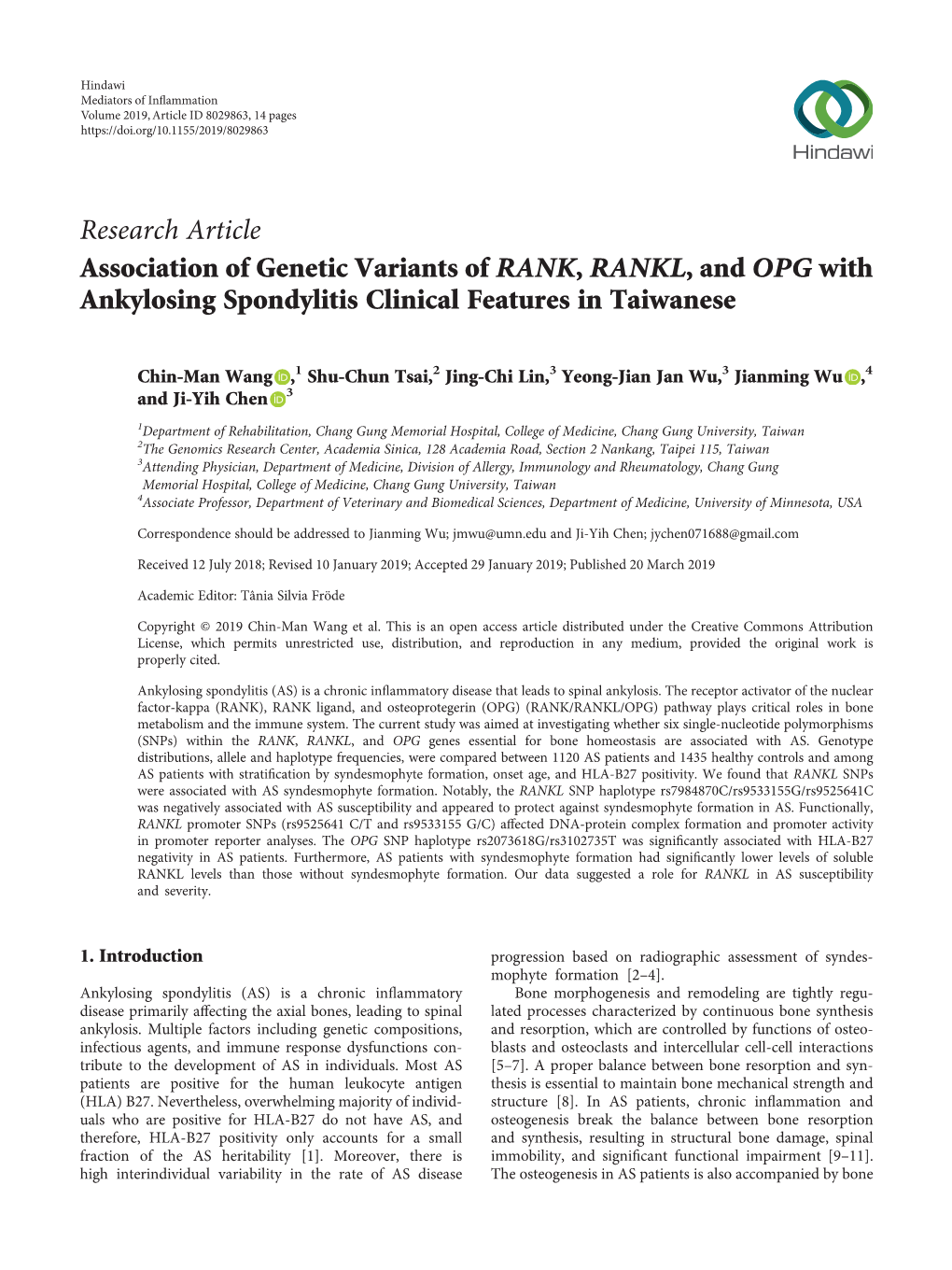 Research Article Association of Genetic Variants of RANK, RANKL, and OPG with Ankylosing Spondylitis Clinical Features in Taiwanese