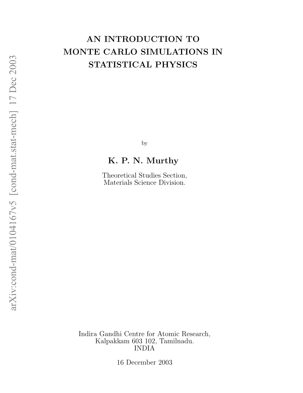 An Introduction to Monte Carlo Simulation of Statistical Physics