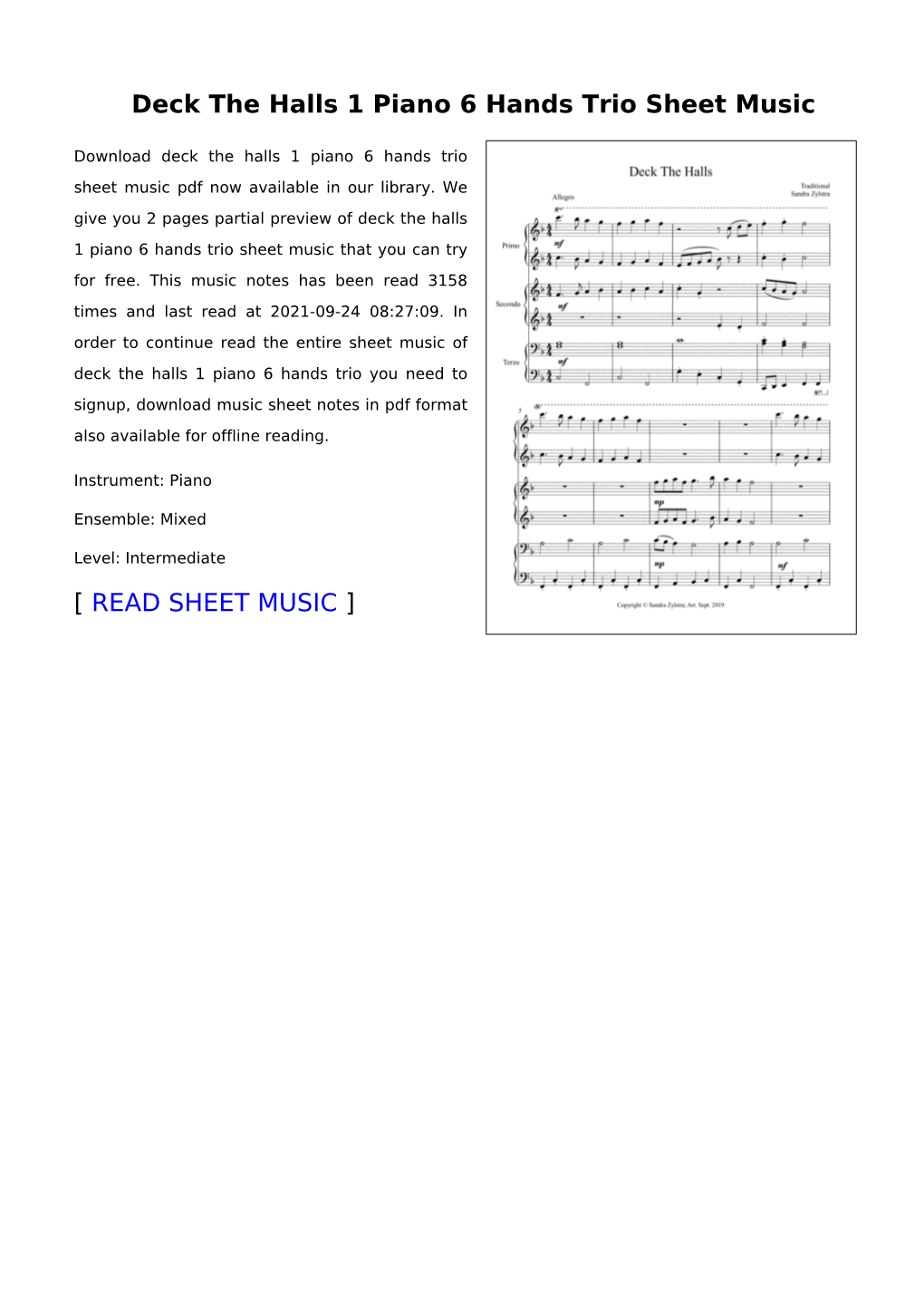 Deck the Halls 1 Piano 6 Hands Trio Sheet Music