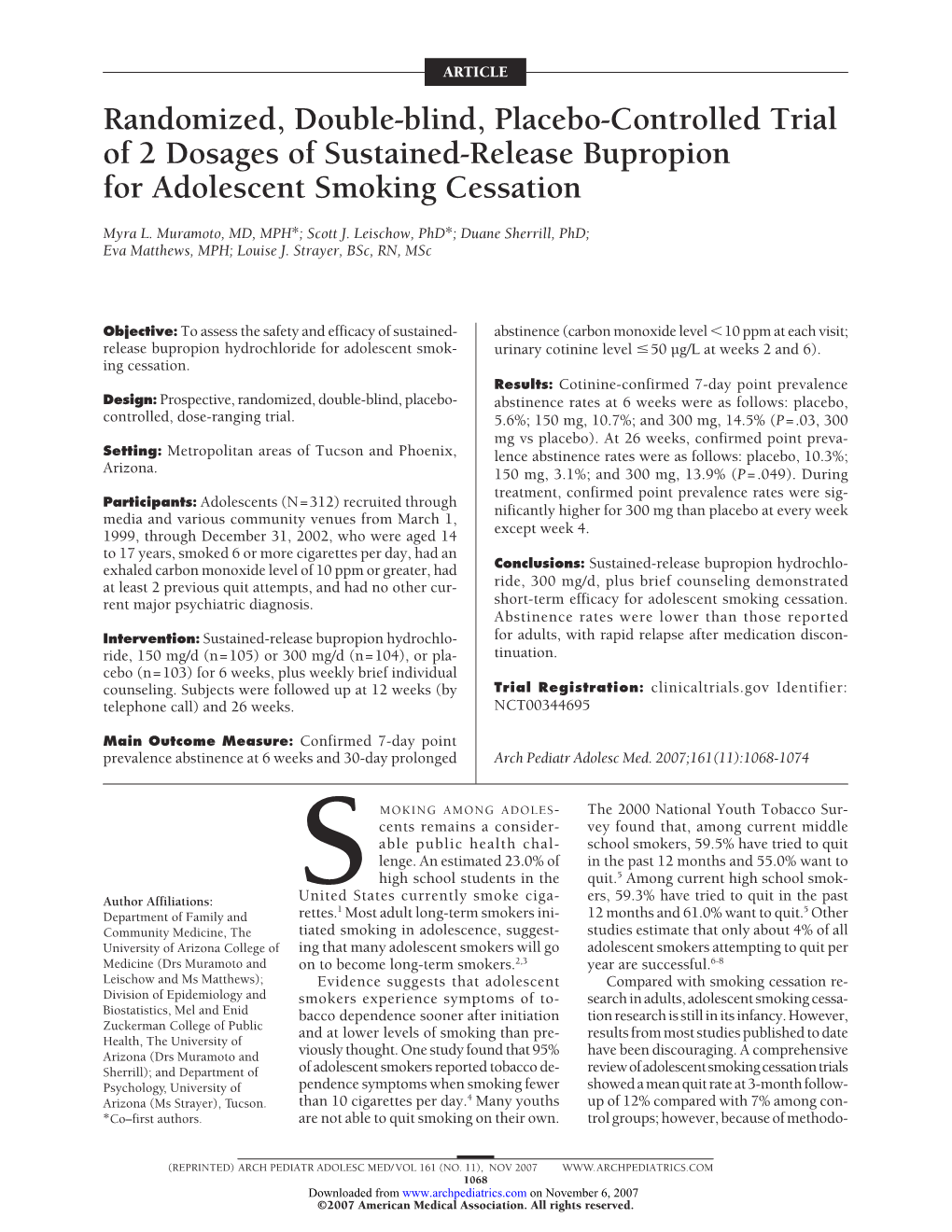 Randomized, Double-Blind, Placebo-Controlled Trial of 2 Dosages of Sustained-Release Bupropion for Adolescent Smoking Cessation