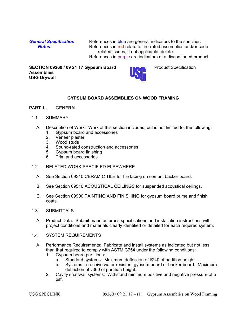 SECTION 09260 - Gypsum Board Assemblies on Wood Framing Document