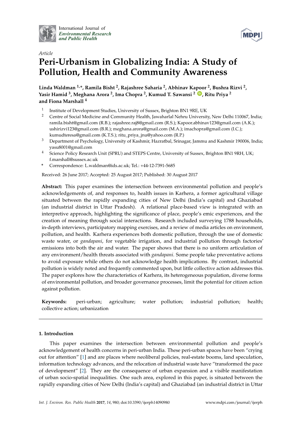 Peri-Urbanism in Globalizing India: a Study of Pollution, Health and Community Awareness