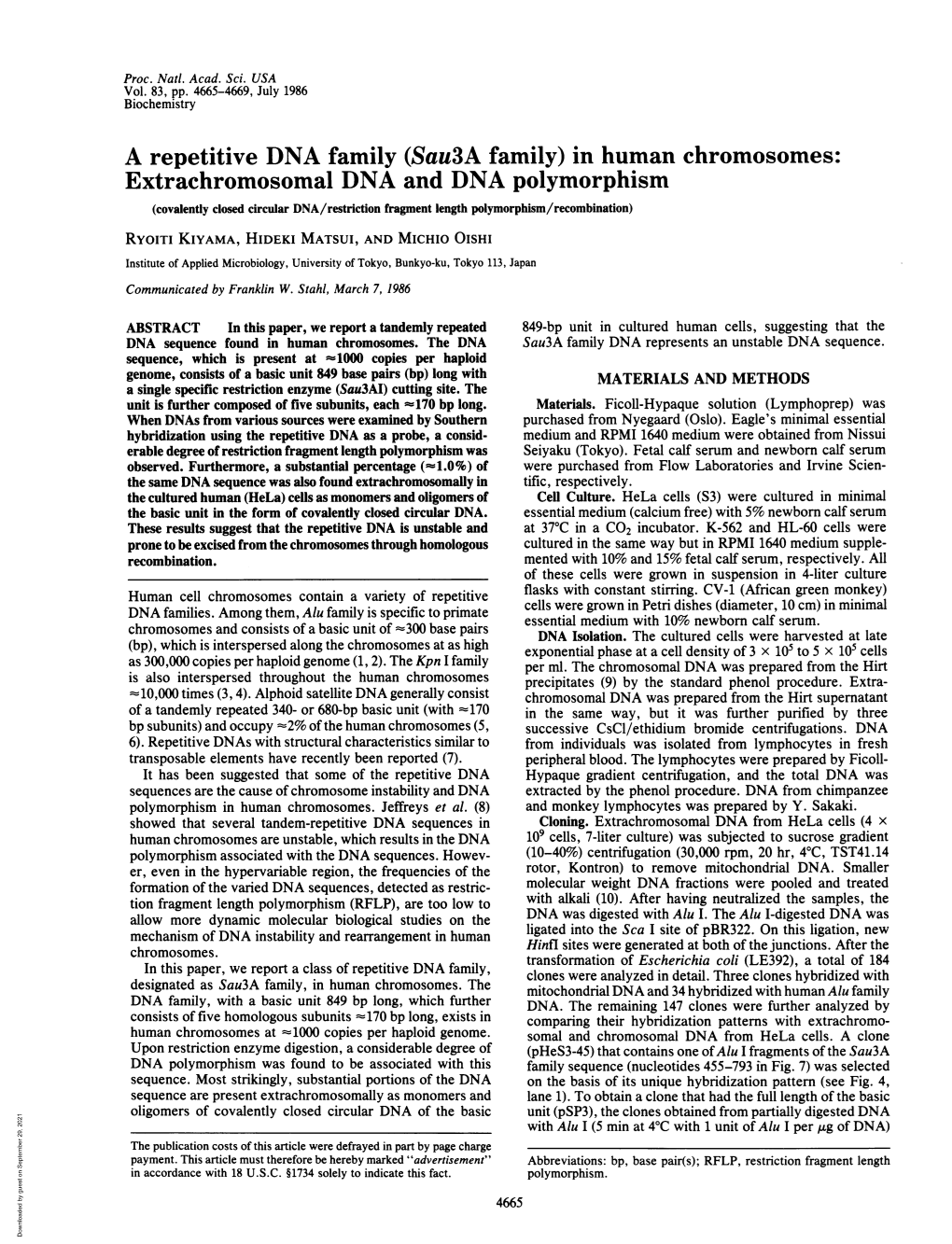 A Repetitive DNA Family (Sau3a Family) in Human Chromosomes