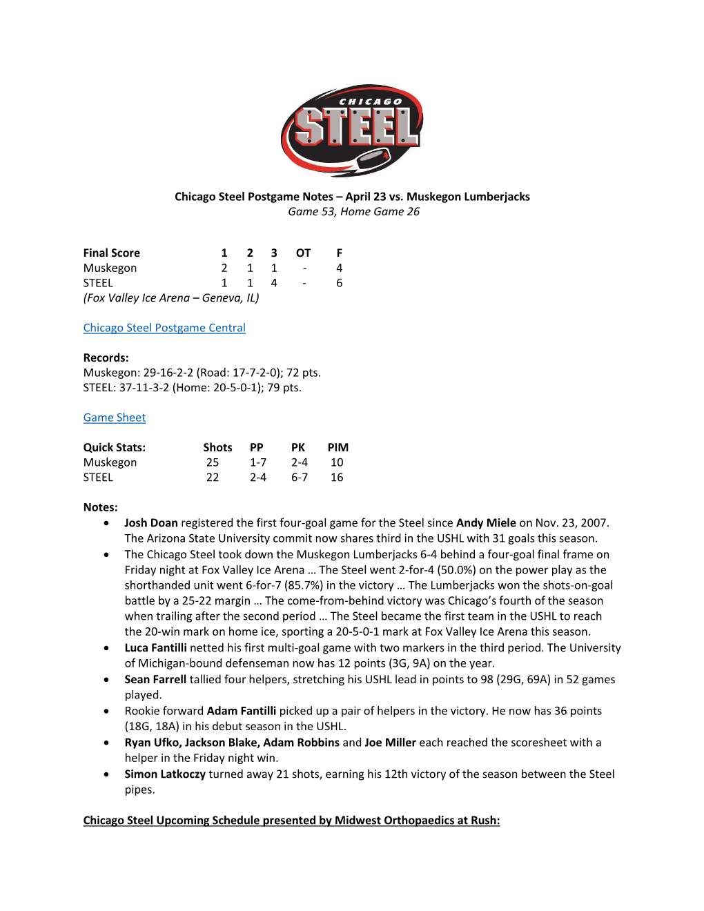 Chicago Steel Postgame Notes – April 23 Vs