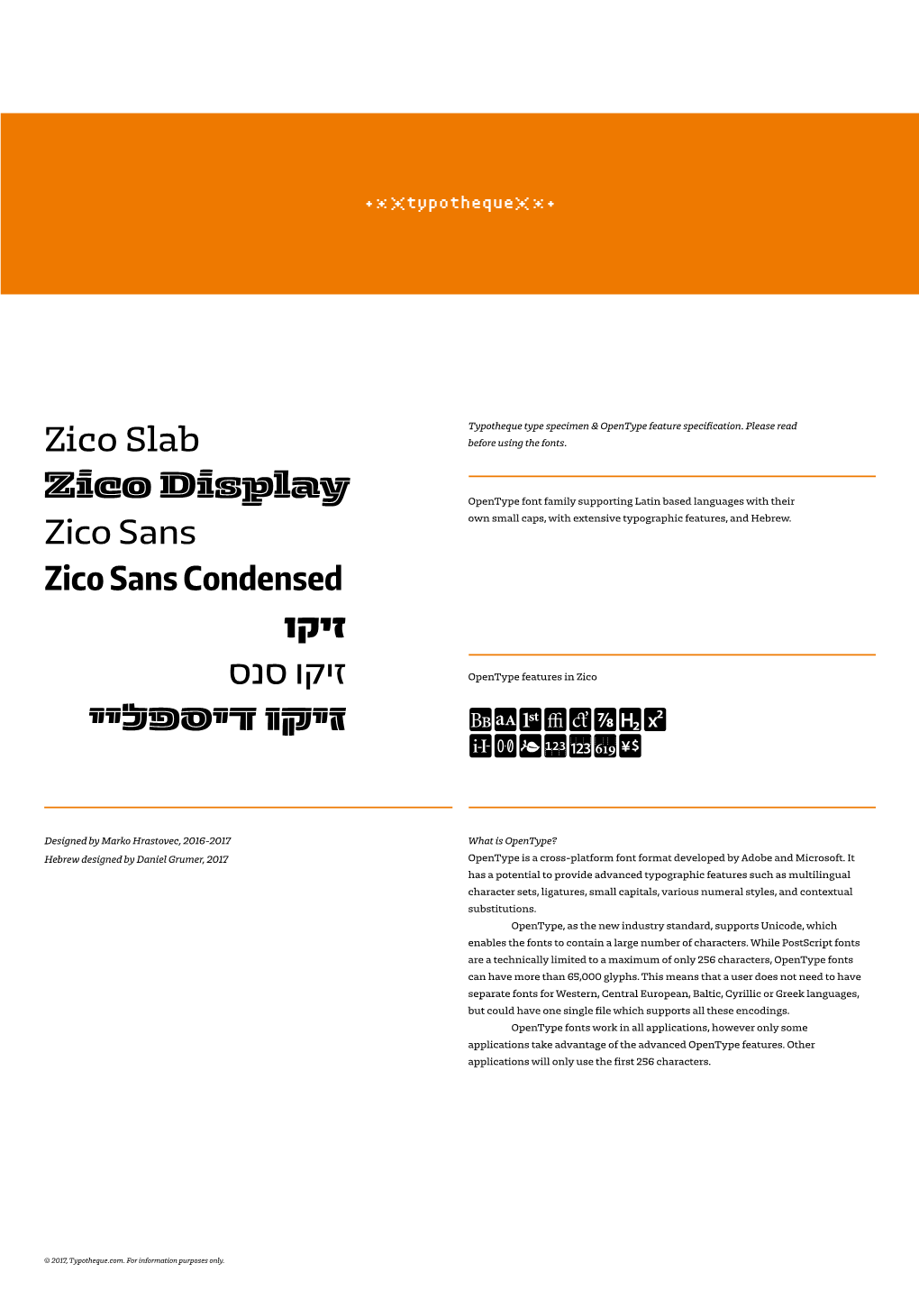 Typotheque Zico Sans, Zico Slab, Zico Sans Condensed and Zico Hebrew