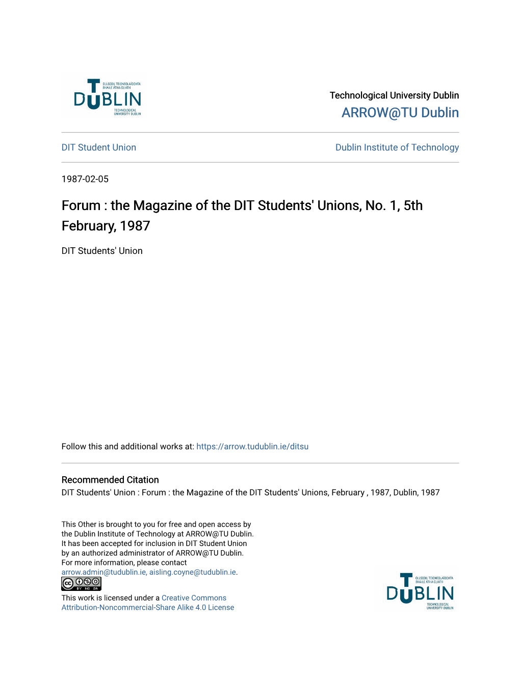 Forum : the Magazine of the DIT Students' Unions, No. 1, 5Th February, 1987