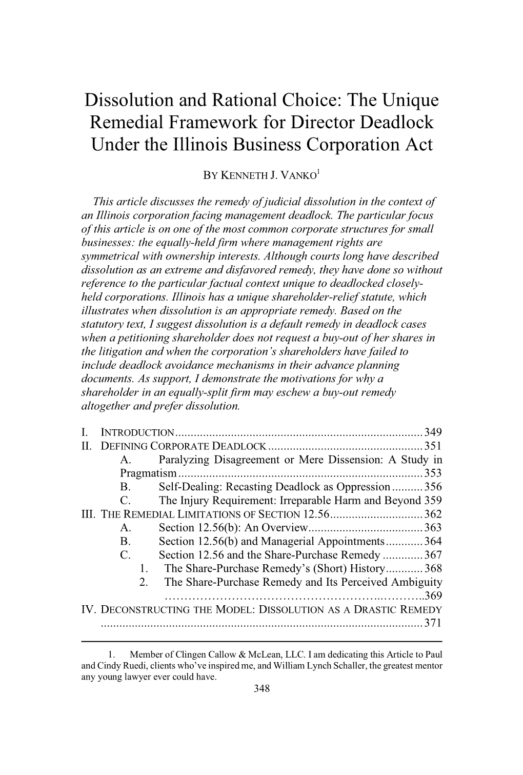 Dissolution and Rational Choice: the Unique Remedial Framework for Director Deadlock Under the Illinois Business Corporation Act