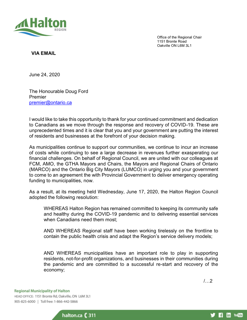 Letter to Premier Doug Ford from the Office of the Regional Chair