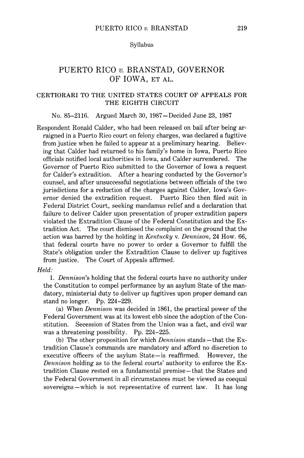 Puerto Rico V. Branstad, Governor of Iowa, Et Al., 483 US 219 (1987)