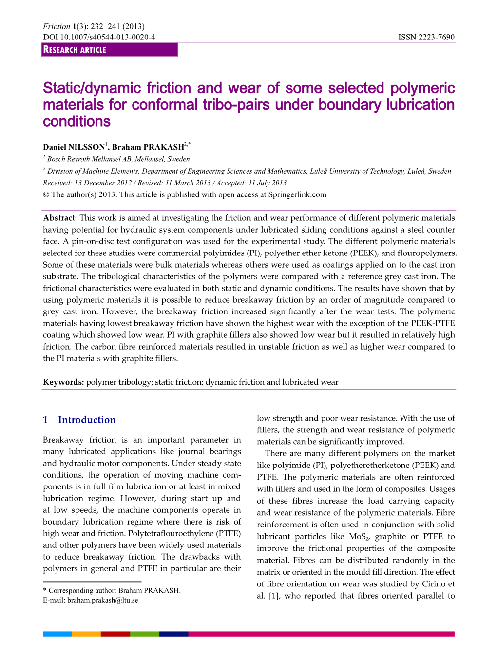Static/Dynamic Friction and Wear of Some Selected Polymeric Materials for Conformal Tribo-Pairs Under Boundary Lubrication Conditions
