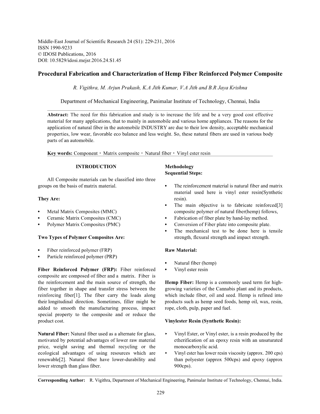 Procedural Fabrication and Characterization of Hemp Fiber Reinforced Polymer Composite