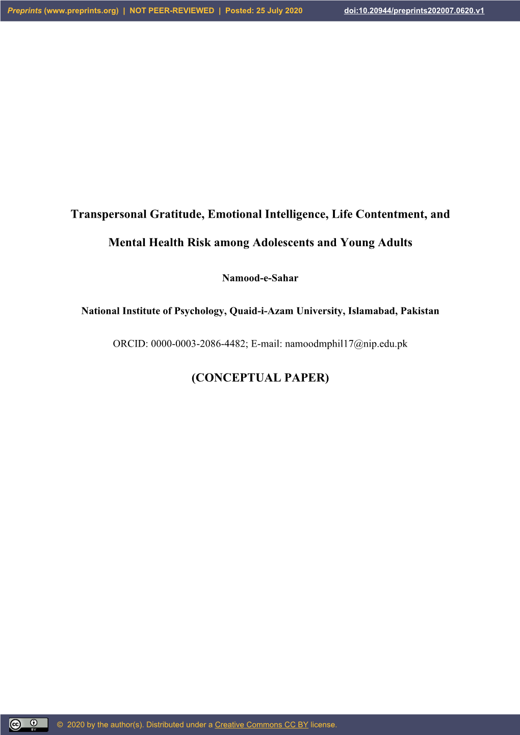 Transpersonal Gratitude, Emotional Intelligence, Life Contentment, and Mental Health Risk Among Adolescents and Young Adults