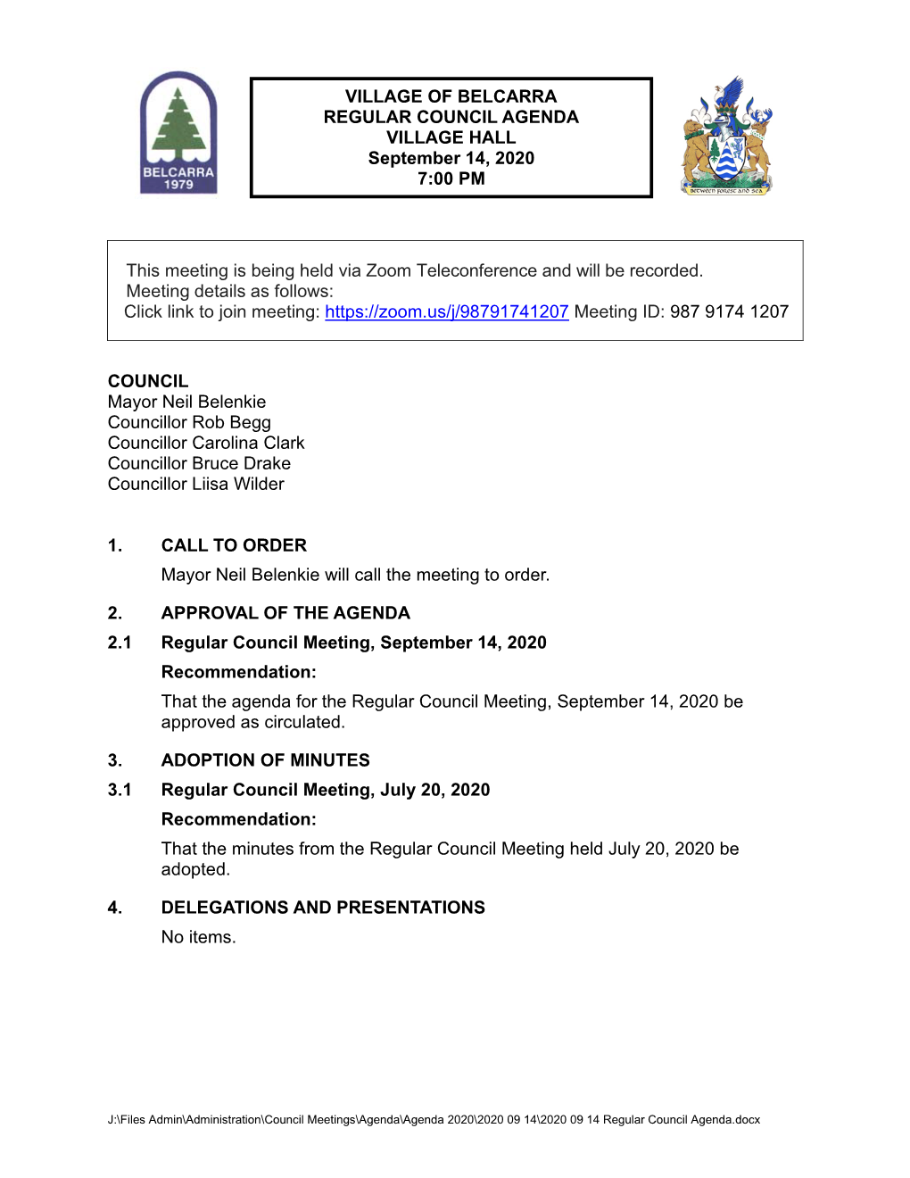 2020 09 14 Regular Council Agenda PACKAGE