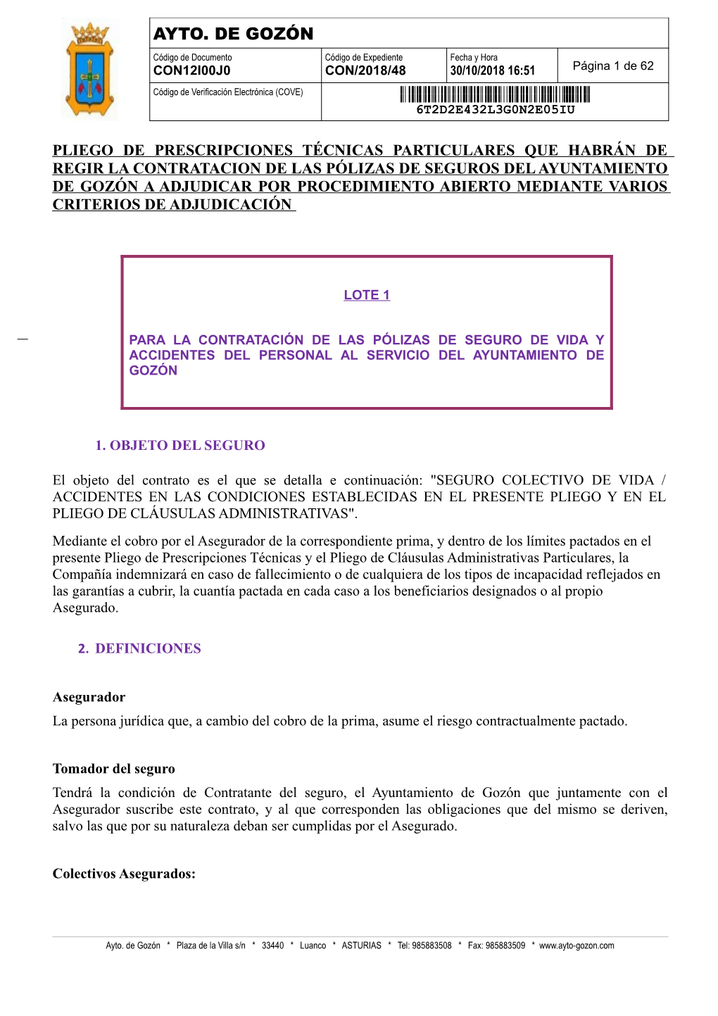 AYTO. DE GOZÓN Código De Documento Código De Expediente Fecha Y Hora CON12I00J0 CON/2018/48 30/10/2018 16:51 Página 1 De 62