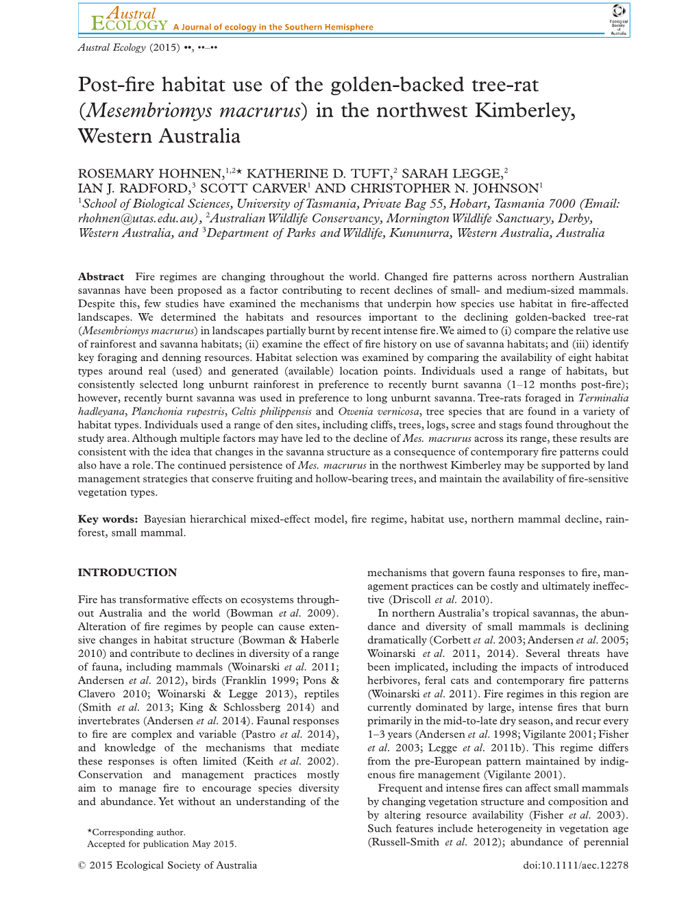 Mesembriomys Macrurus) in the Northwest Kimberley, Western Australia