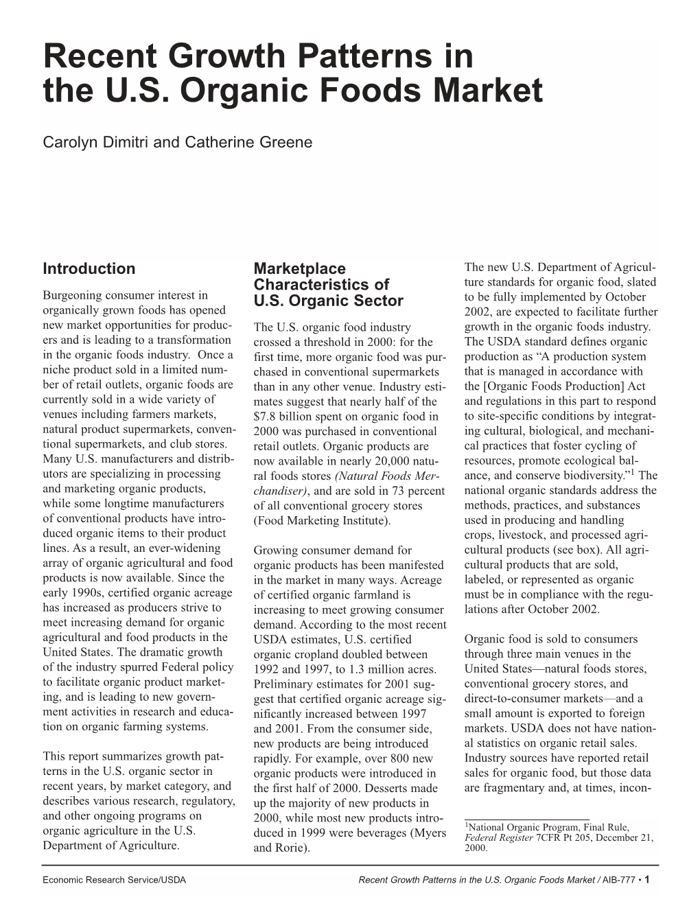 Recent Growth Patterns in the U.S. Organic Foods Market