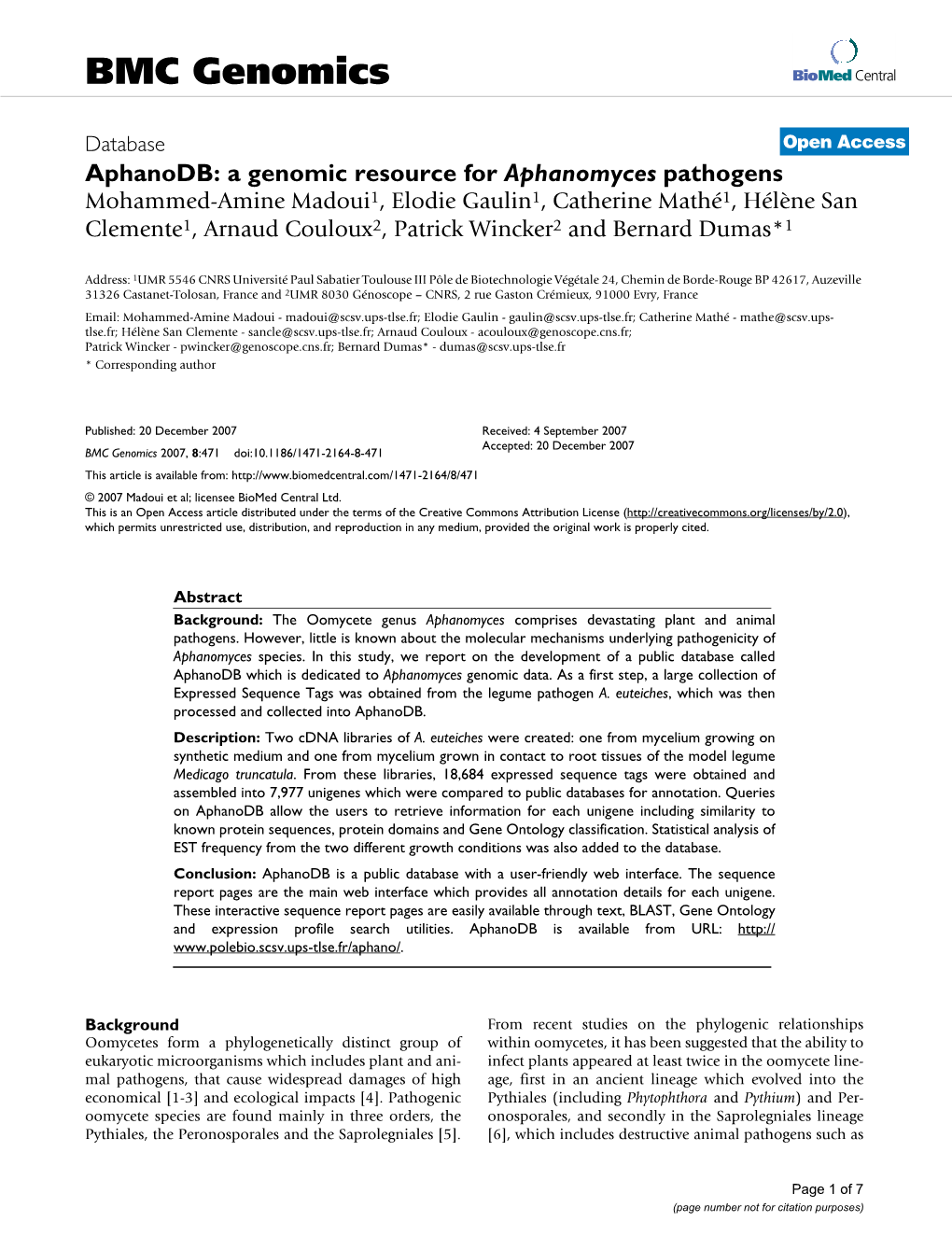 Aphanodb: a Genomic Resource for Aphanomyces Pathogens