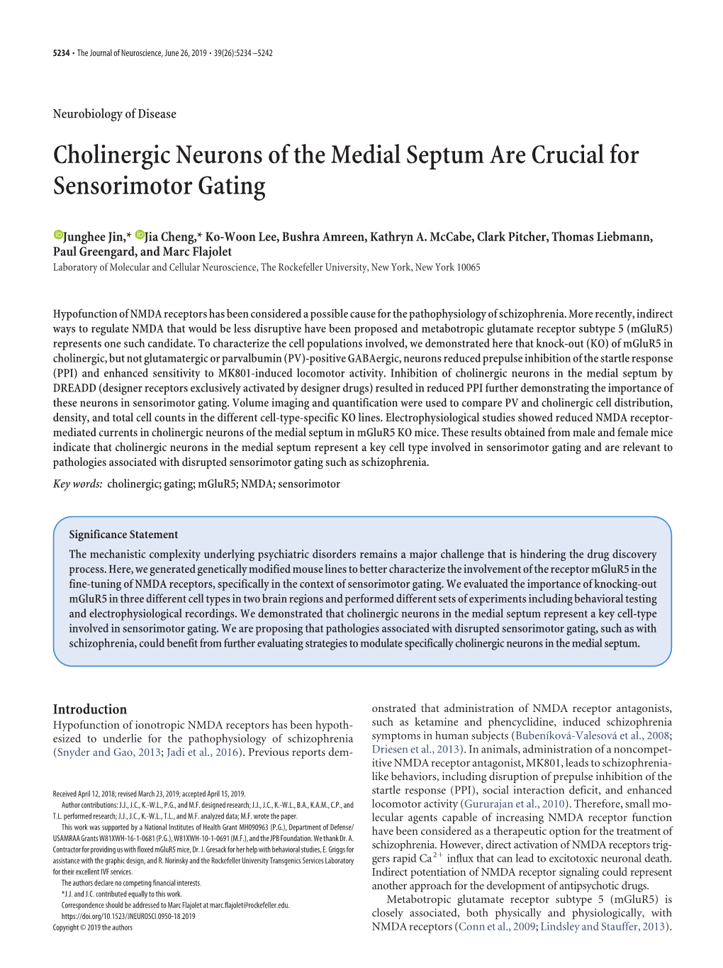 Cholinergic Neurons of the Medial Septum Are Crucial for Sensorimotor Gating