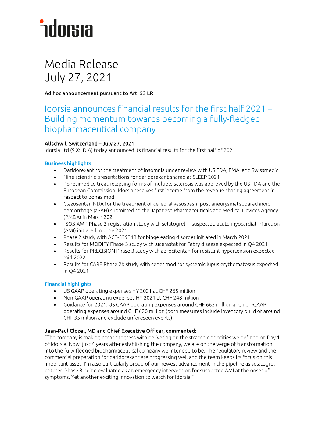 Idorsia Announces Financial Results for the First Half 2021 – Building Momentum Towards Becoming a Fully-Fledged Biopharmaceutical Company