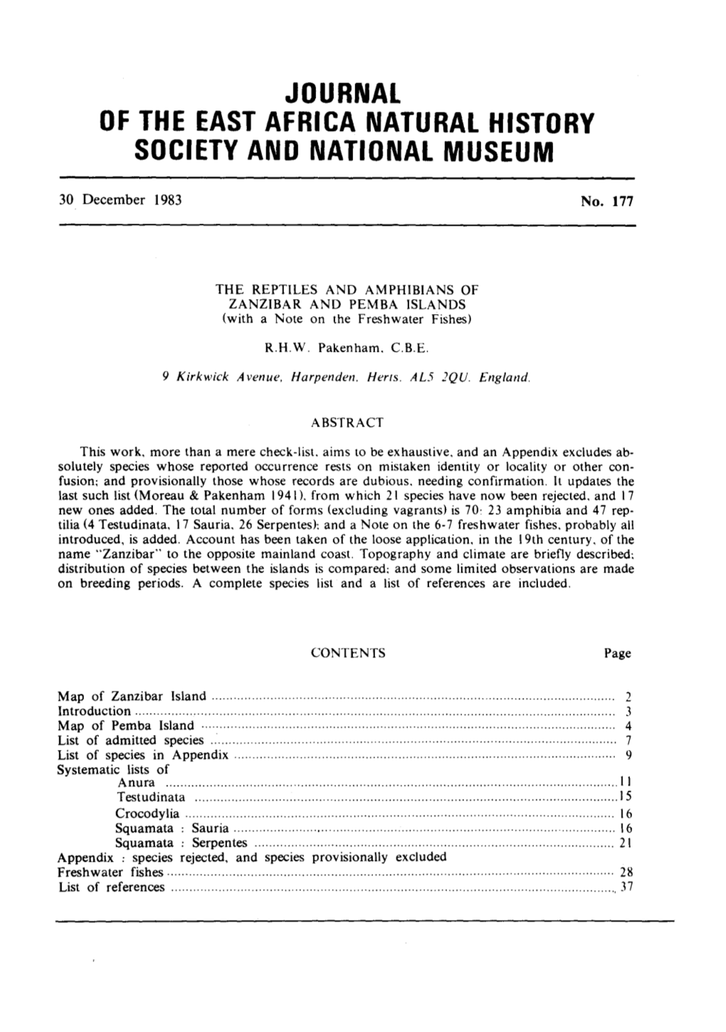 Journal of the East Africa Natural History Society and National Museum