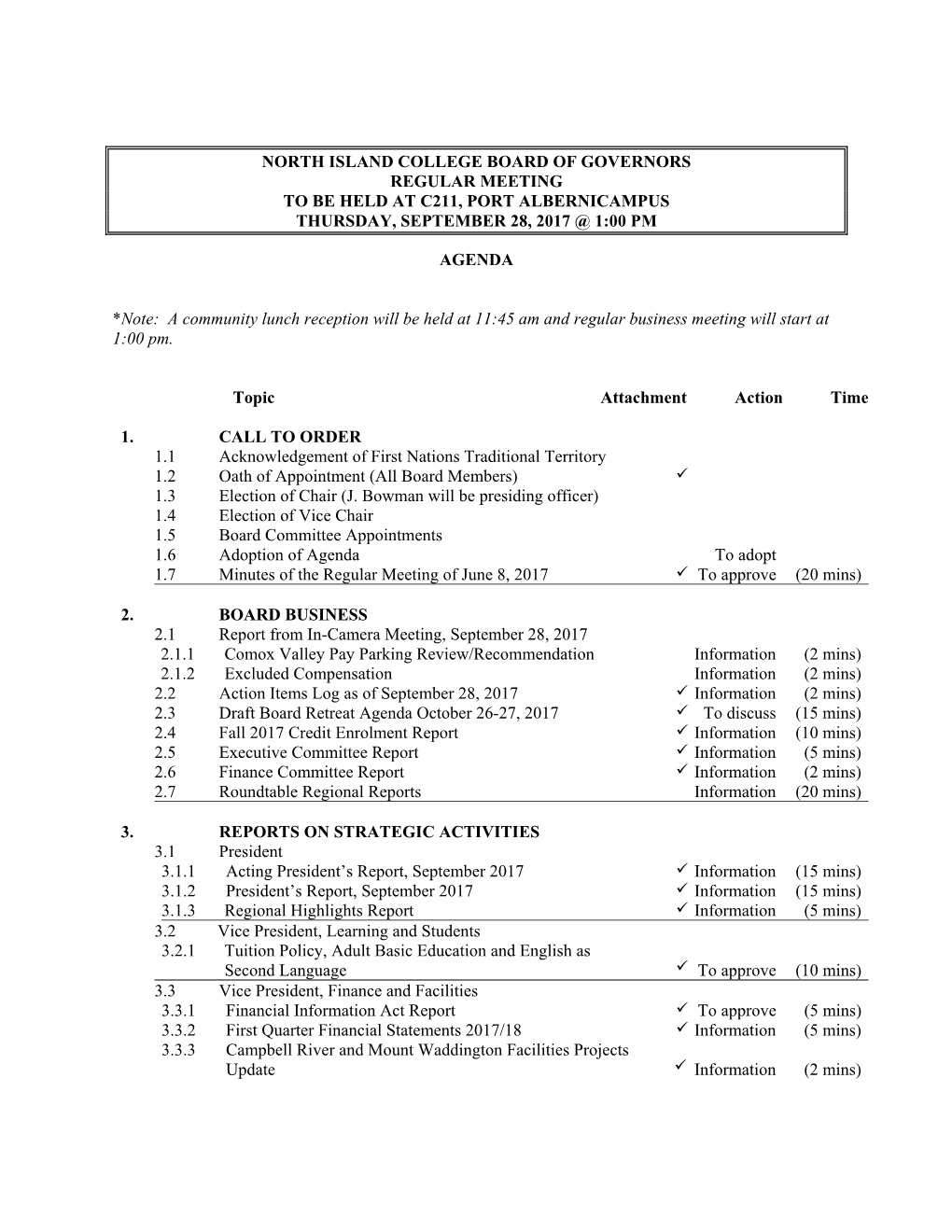 North Island College Board of Governors Regular Meeting to Be Held at C211, Port Albernicampus Thursday, September 28, 2017 @ 1:00 Pm