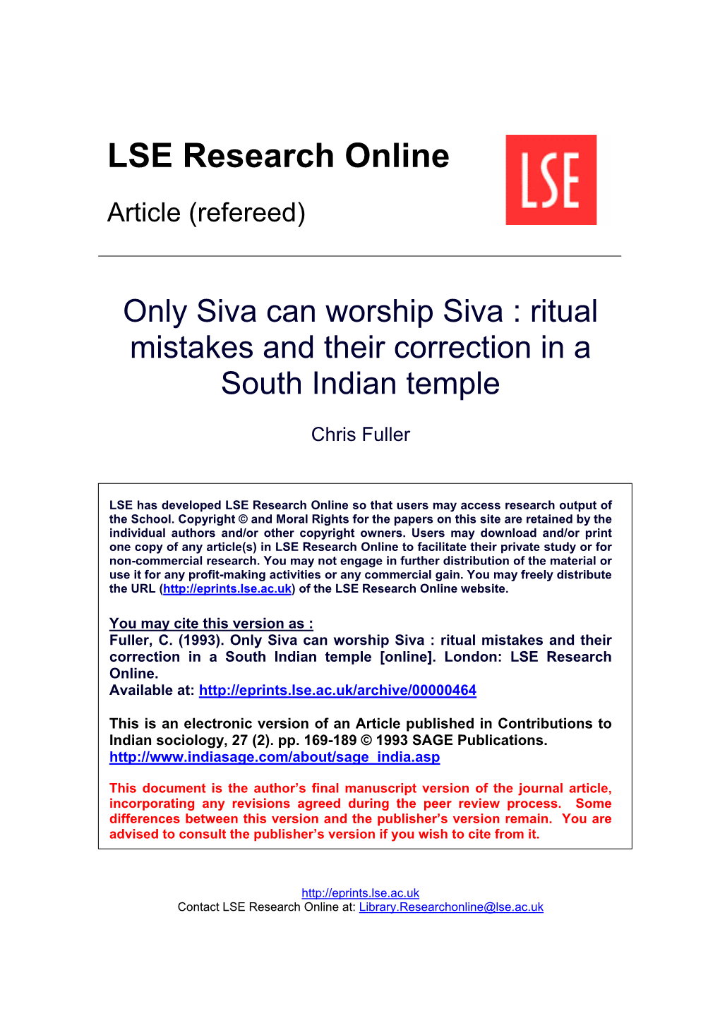 Only Siva Can Worship Siva : Ritual Mistakes and Their Correction in a South Indian Temple