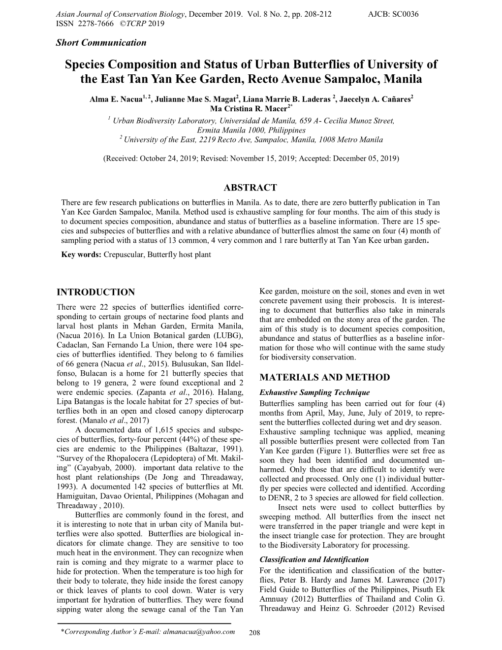 Species Composition and Status of Urban Butterflies of University of the East Tan Yan Kee Garden, Recto Avenue Sampaloc, Manila