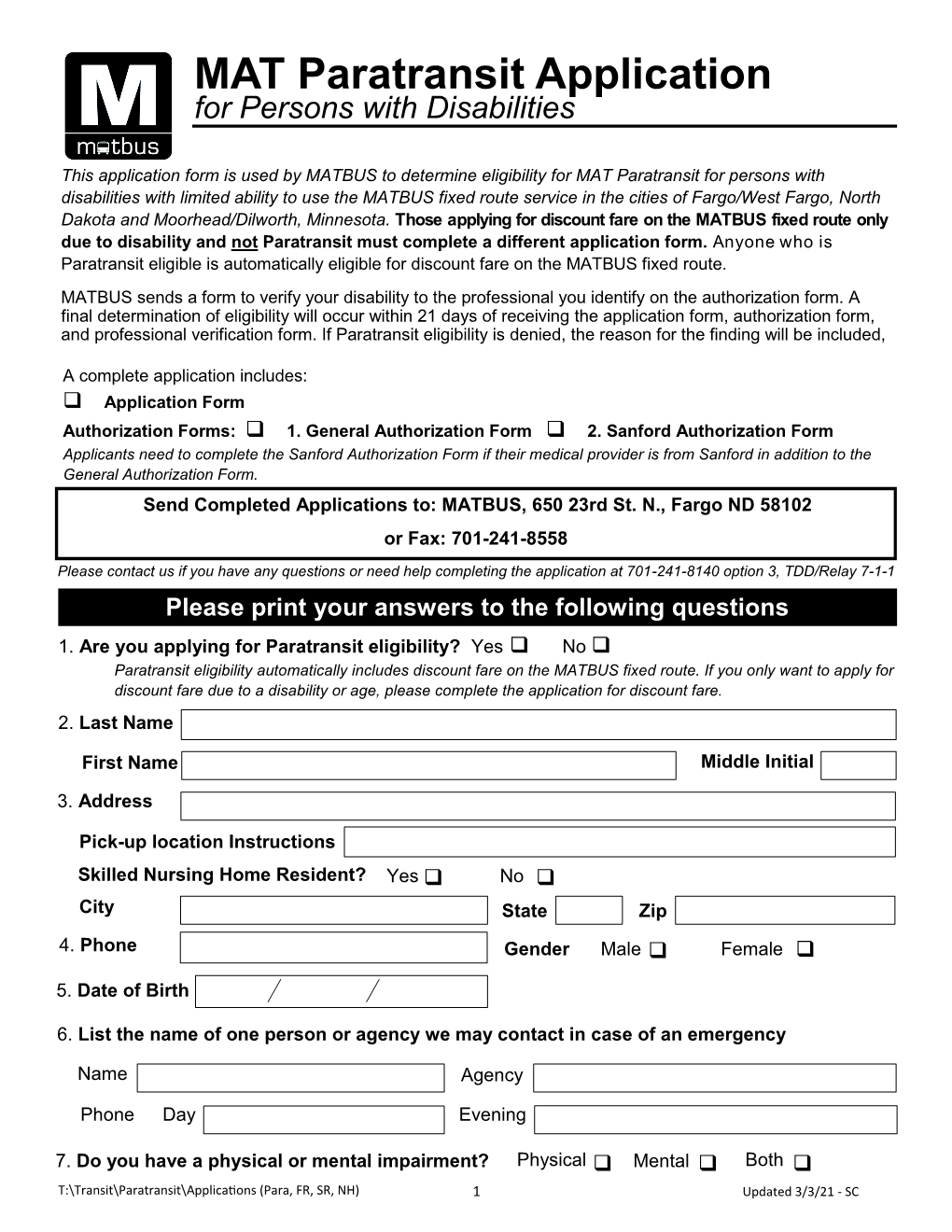 MAT Paratransit Application for Persons with Disabilities