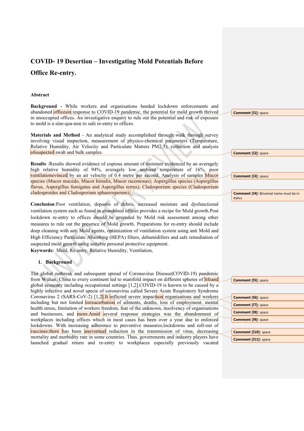 19 Desertion – Investigating Mold Potentials Before Office Re-Entry